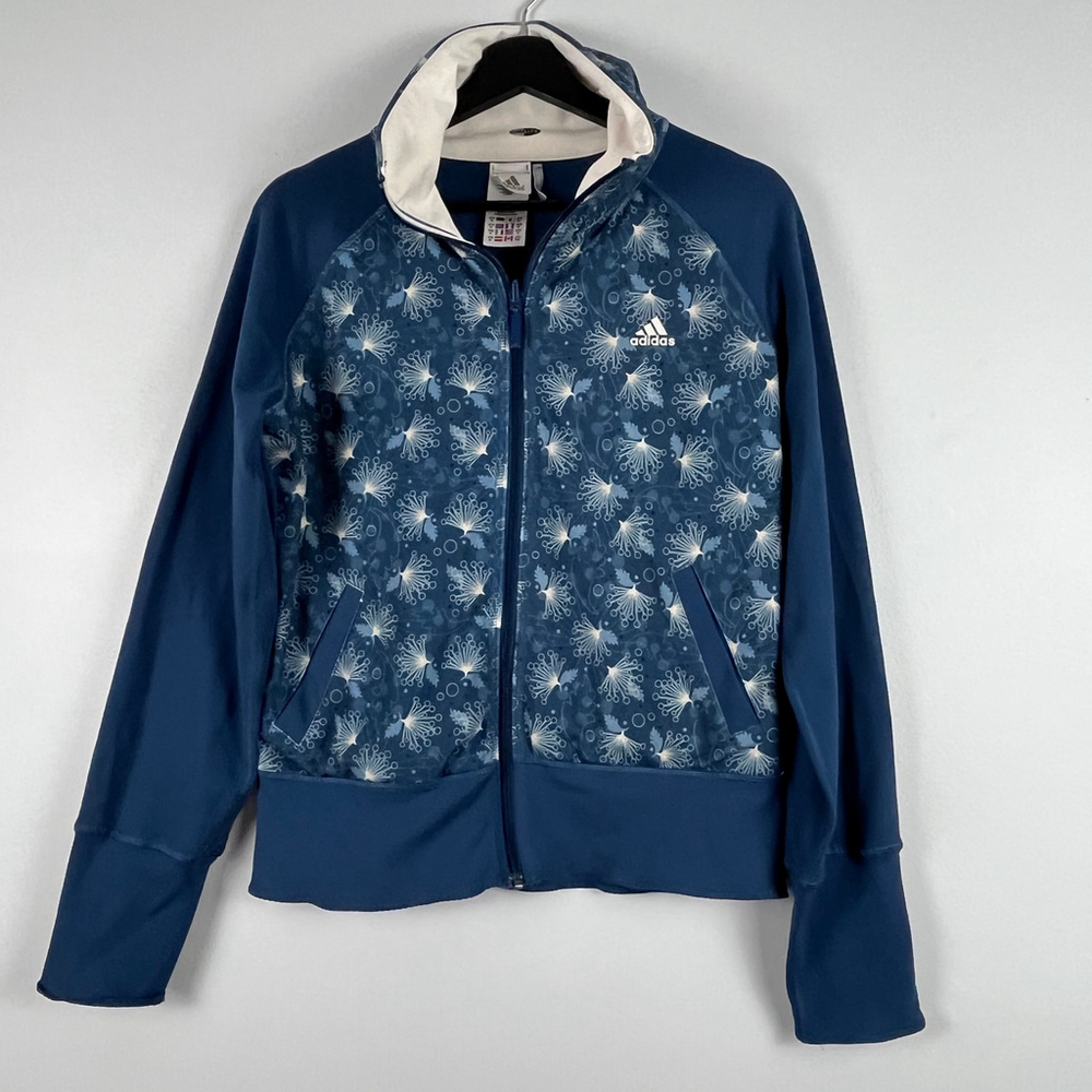 Adidas Women Jacket Clima365 Full Zip Reversible Floral Print Blue Cream Size M